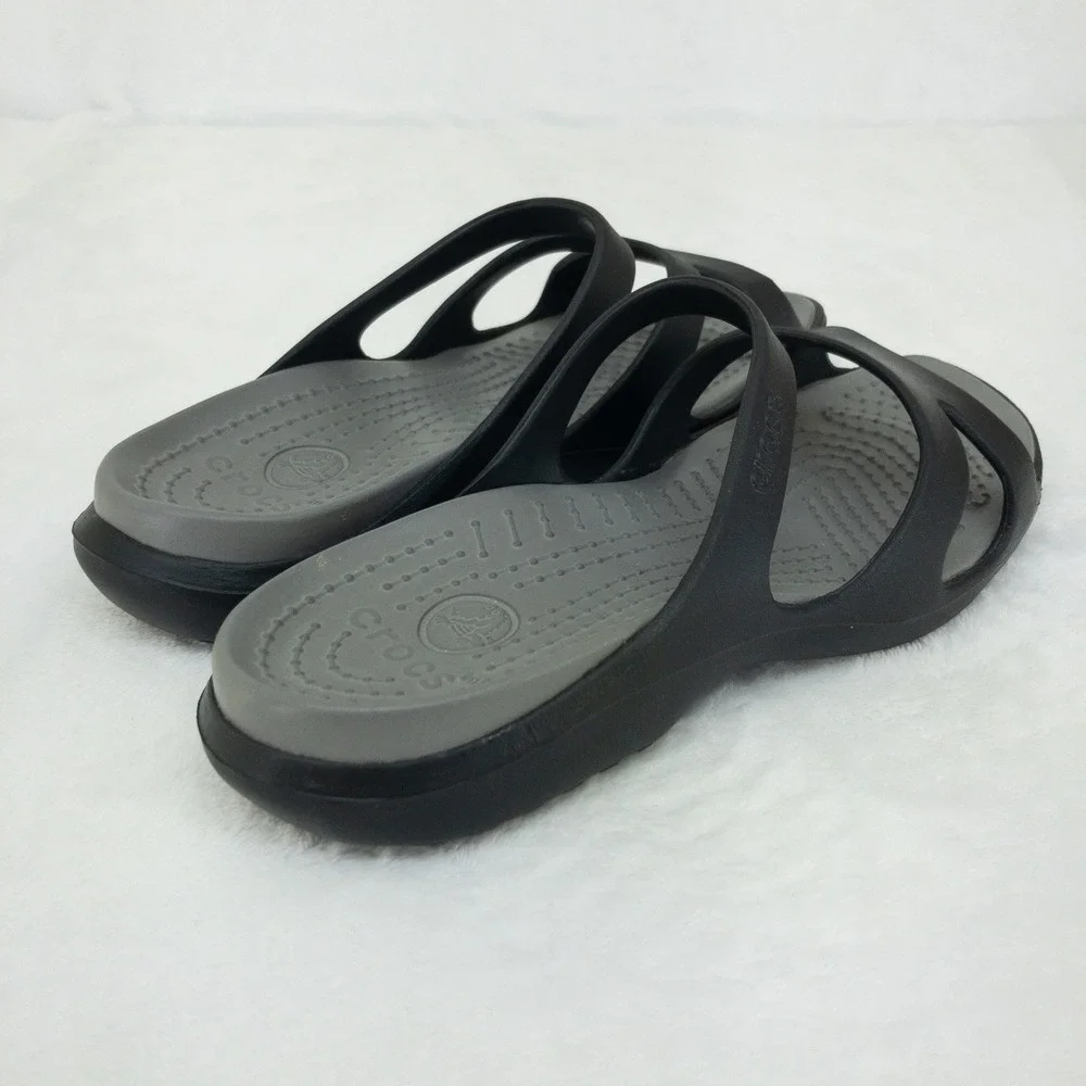 Crocs Meleen Slides Sandals Womens 7 Black Grey Comfort Lightweight Strappy